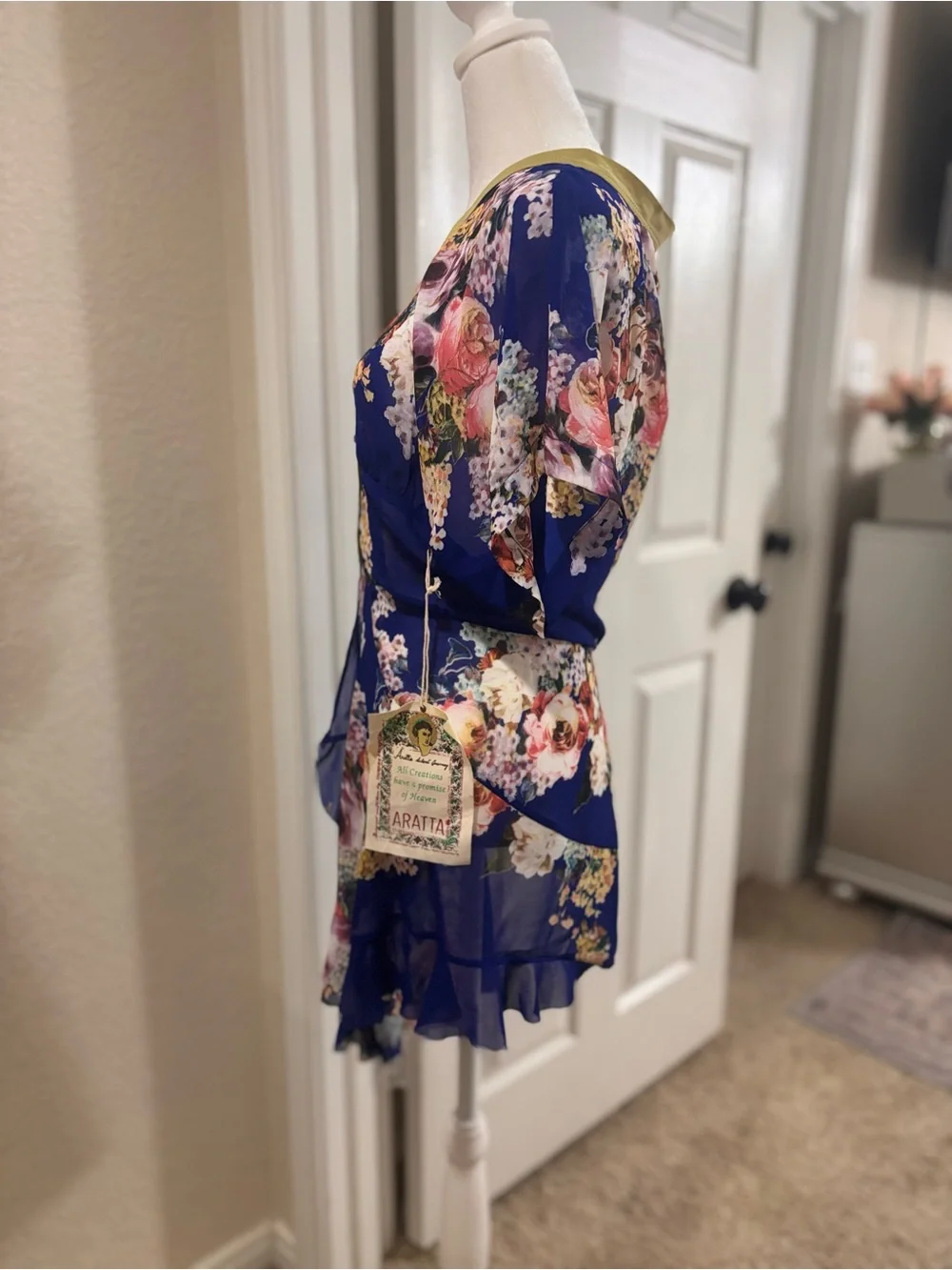 Aratta Royal Blue Floral V-Neck Ruffle Dress with Olive Trim